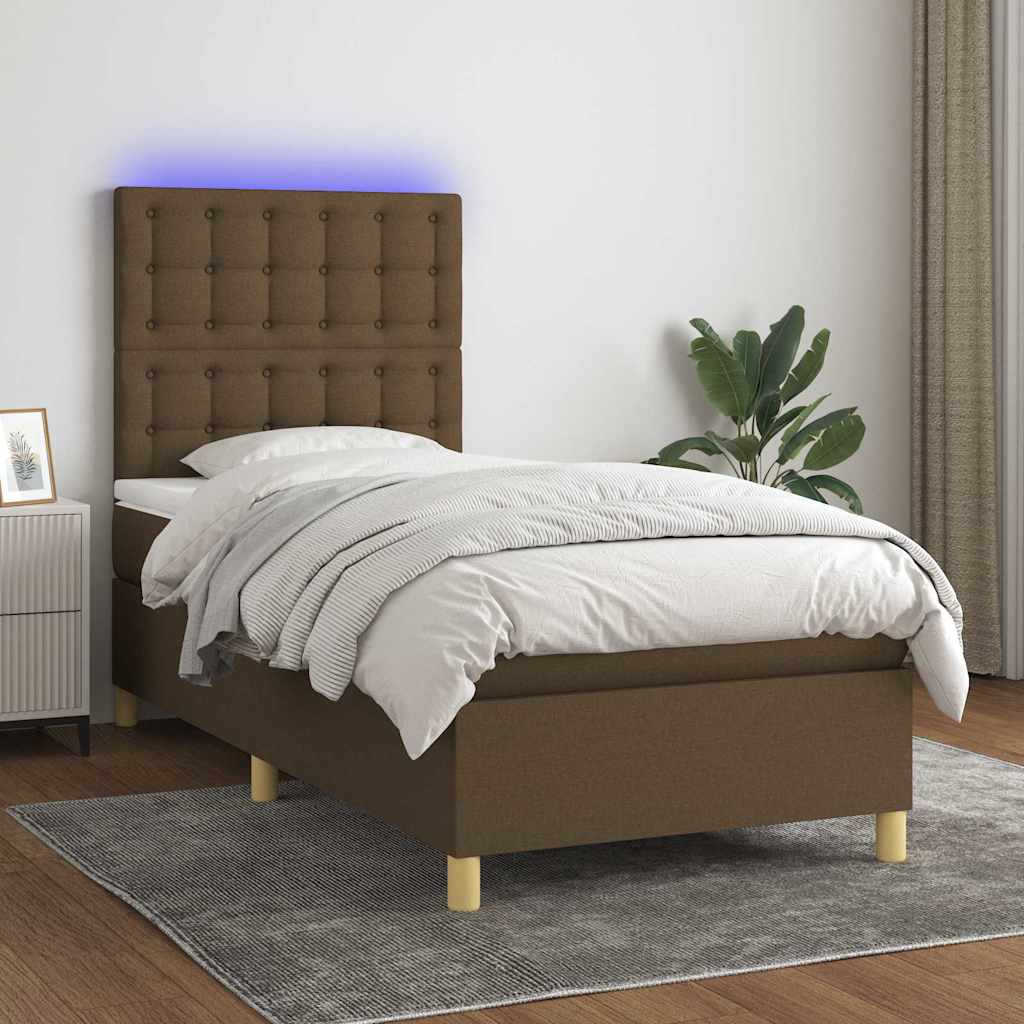 Barna szövet rugós és LED-es ágy matraccal 80 x 200 cm