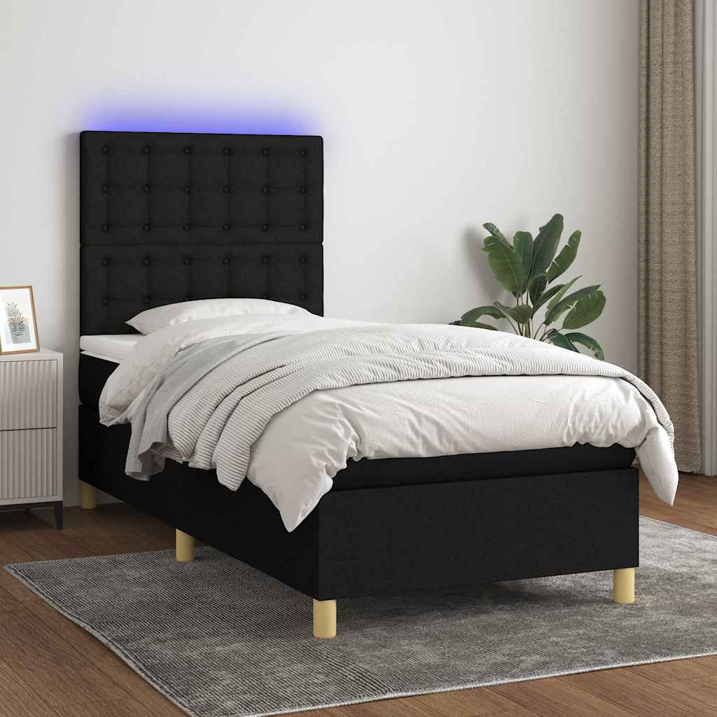 Fekete szövet rugós és LED-es ágy matraccal 90x190 cm