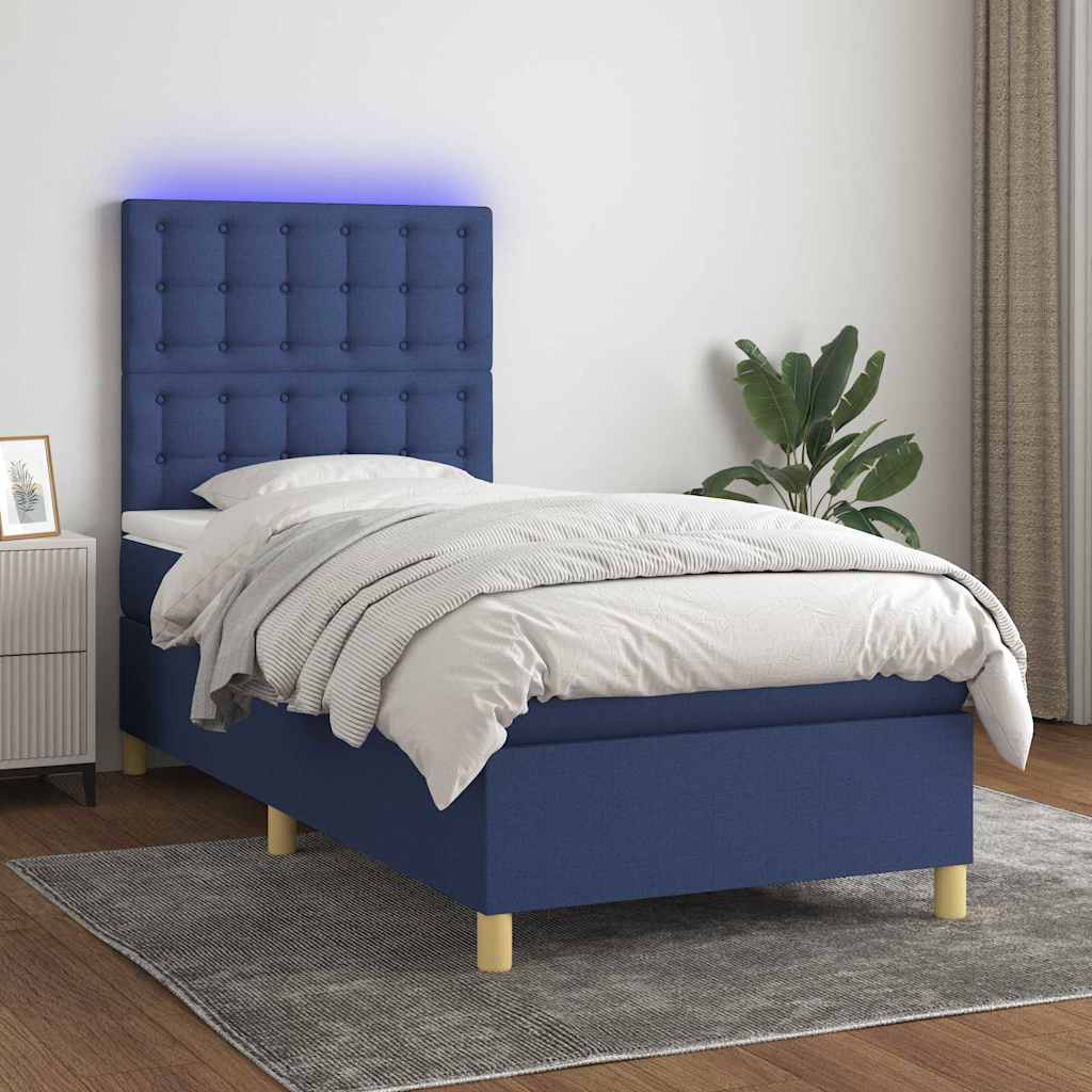 Kék szövet rugós és LED-es ágy matraccal 90x190 cm