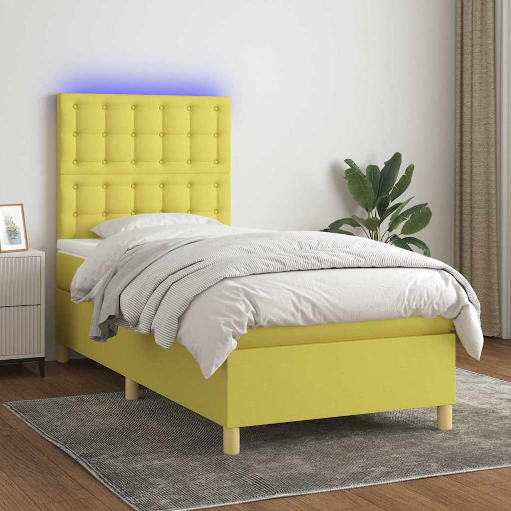 Zöld szövet rugós és LED-es ágy matraccal 100x200 cm