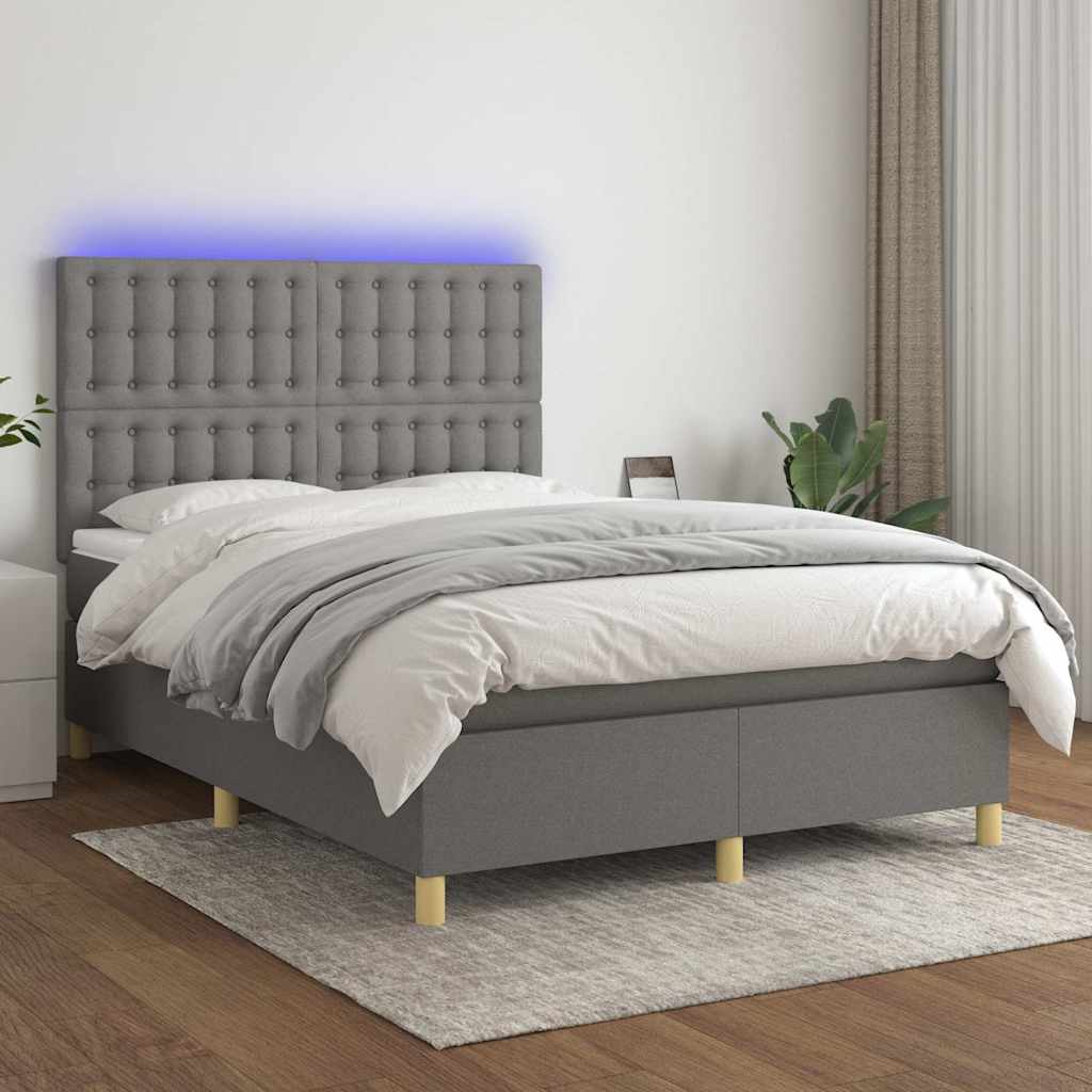 Sötétszürke szövet rugós és LED-es ágy matraccal 140x190 cm