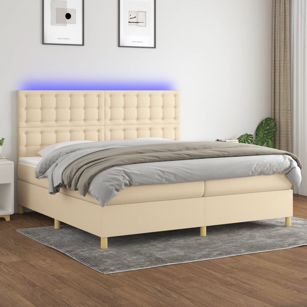 Krémszínű szövet rugós és LED-es ágy matraccal 200 x 200 cm