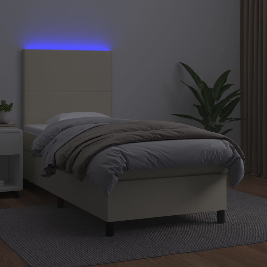 Krémszínű műbőr rugós ágy matraccal és LED-del 90x190 cm 3
