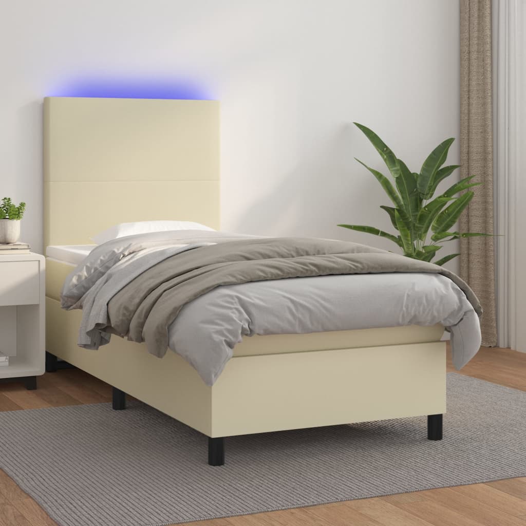 Krémszínű műbőr rugós ágy matraccal és LED-del 90x190 cm