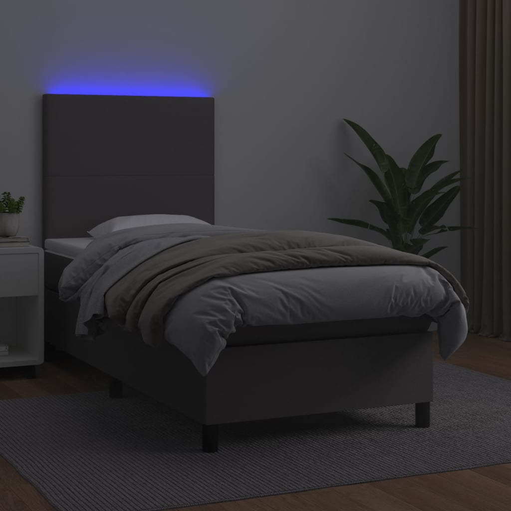 Szürke műbőr rugós ágy matraccal és LED-del 90x190 cm 4