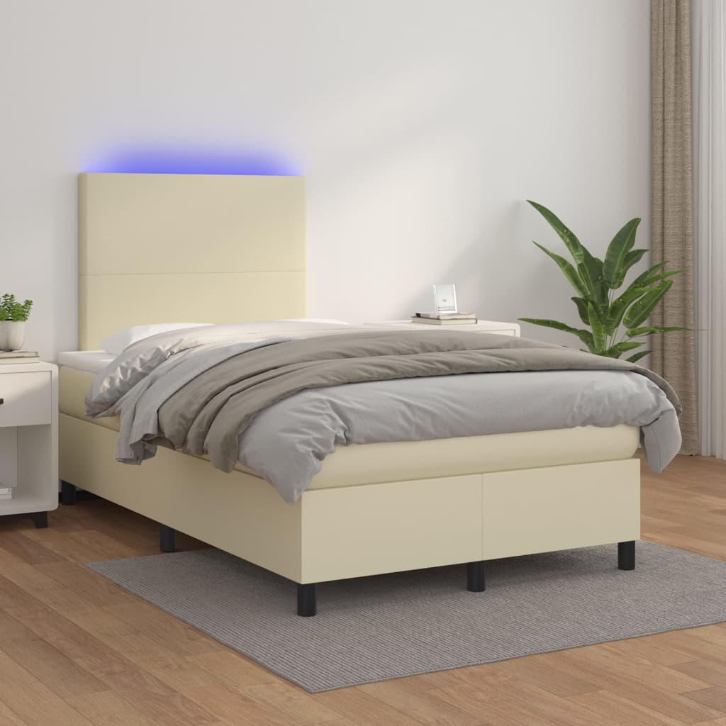 Krémszínű műbőr rugós ágy matraccal és LED-del 120x200 cm