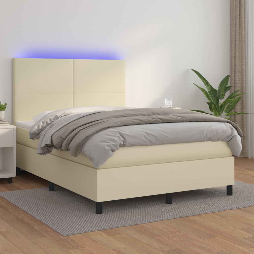 Krémszínű műbőr rugós ágy matraccal és LED-del 140x190 cm