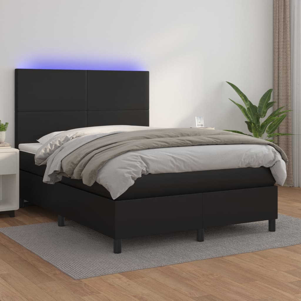 Fekete műbőr rugós ágy matraccal és LED-del 140x200 cm