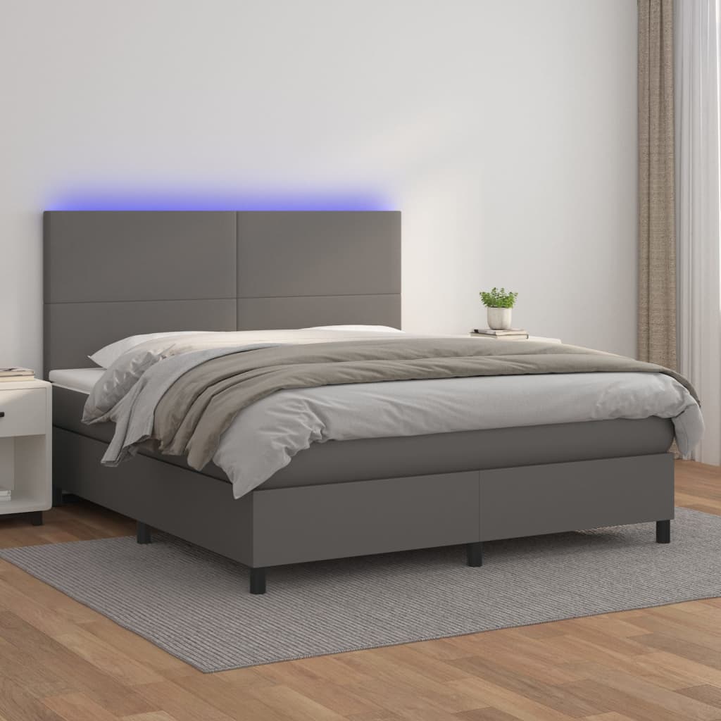 Szürke műbőr rugós ágy matraccal és LED-del 160x200 cm