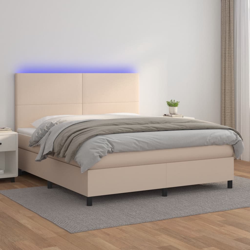 Cappuccino színű műbőr rugós ágy matraccal és LED-del 160x200cm