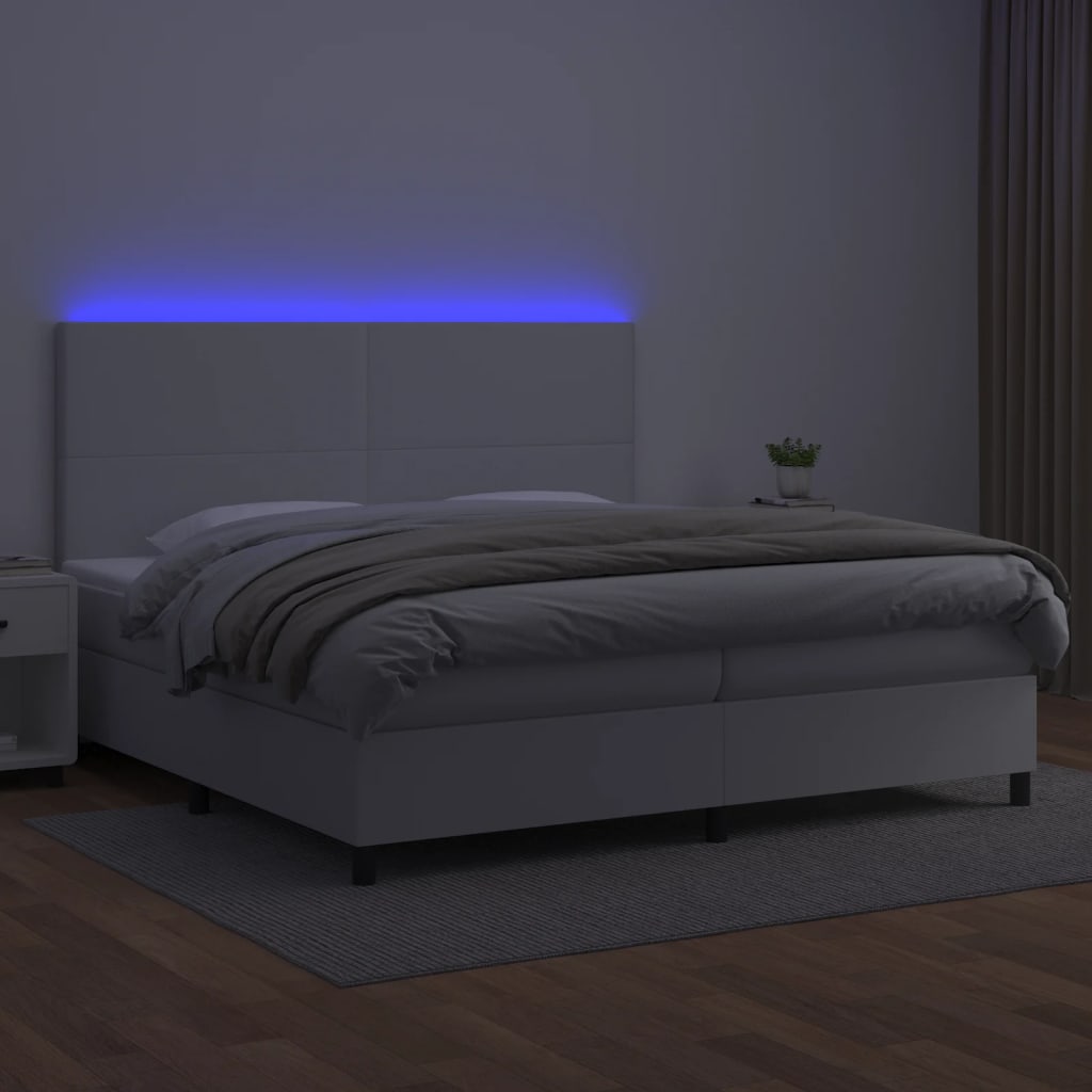 Fehér műbőr rugós ágy matraccal és LED-del 200x200 cm 4
