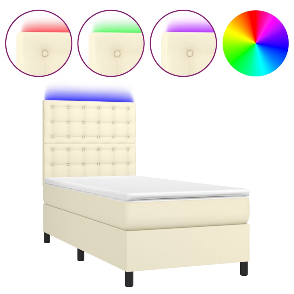 Krémszínű műbőr rugós ágy matraccal és LED-del 90x190 cm 2