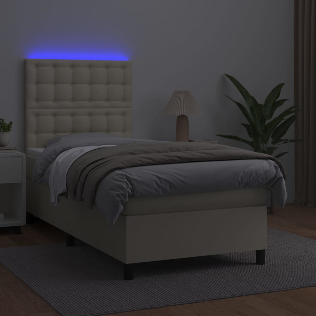 Krémszínű műbőr rugós ágy matraccal és LED-del 90x190 cm 3