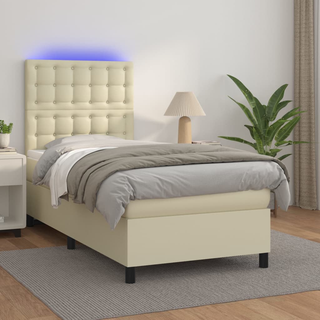 Krémszínű műbőr rugós ágy matraccal és LED-del 90x190 cm