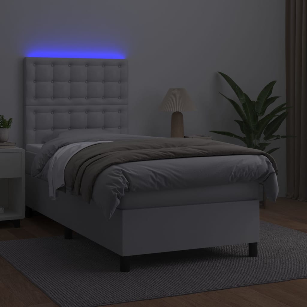 Fehér műbőr rugós ágy matraccal és LED-del 90x200 cm 4