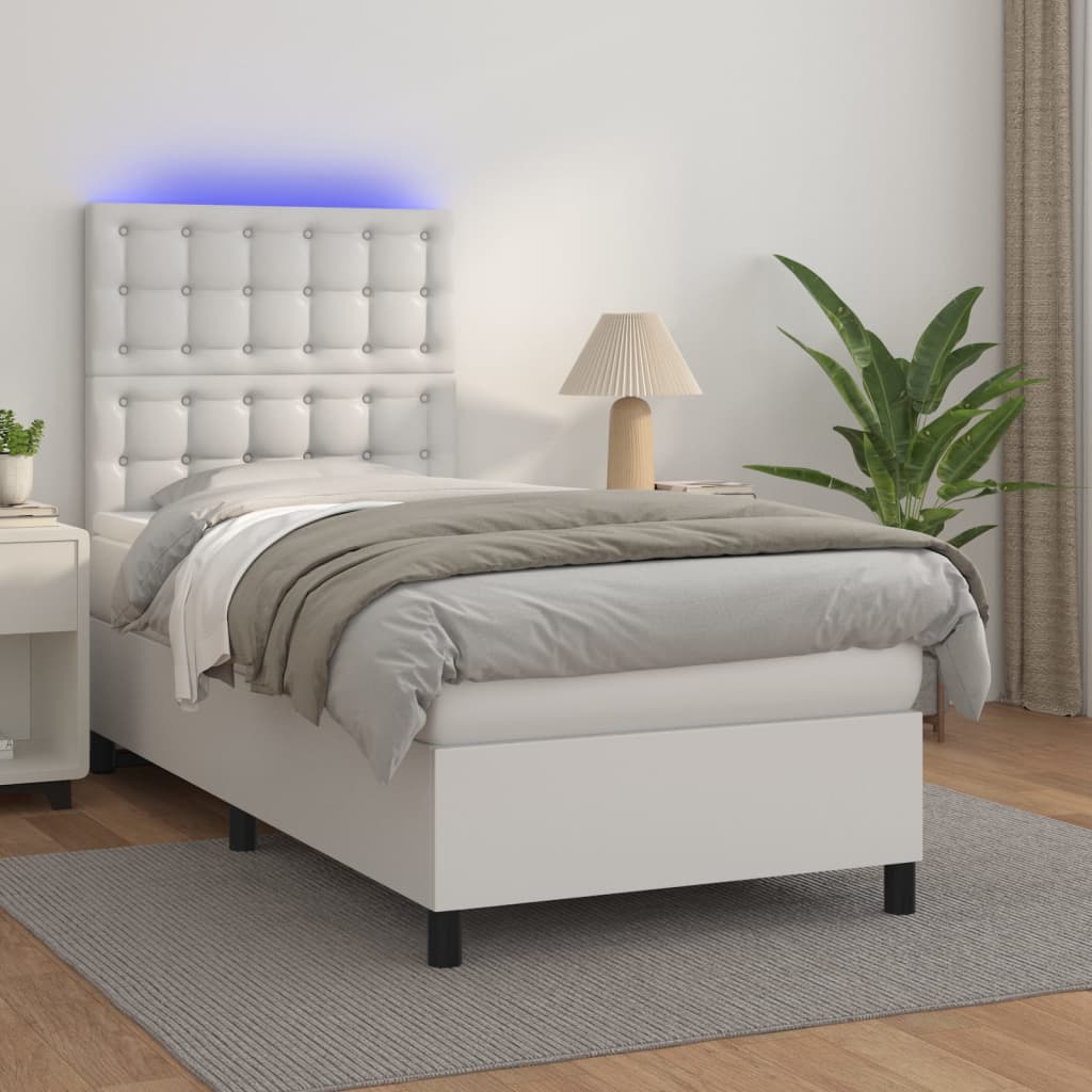Fehér műbőr rugós ágy matraccal és LED-del 90x200 cm