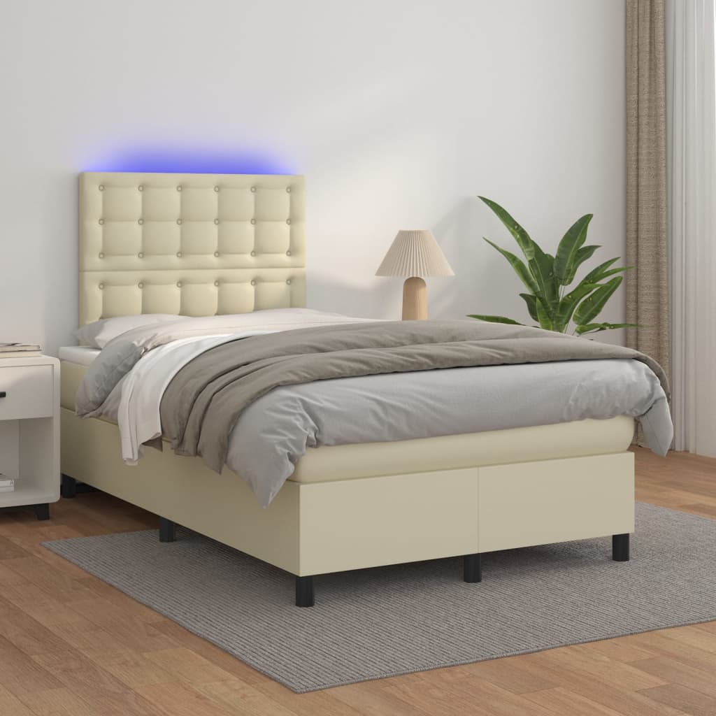 Krémszínű műbőr rugós ágy matraccal és LED-del 120x200 cm