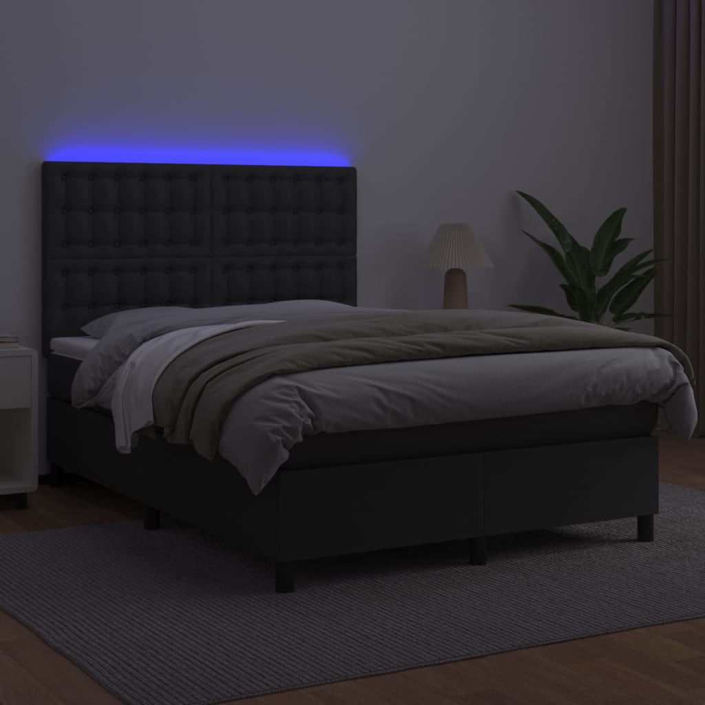 Fekete műbőr rugós ágy matraccal és LED-del 140 x 190 cm 4