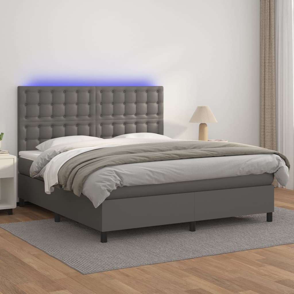 Szürke műbőr rugós ágy matraccal és LED-del 160x200 cm