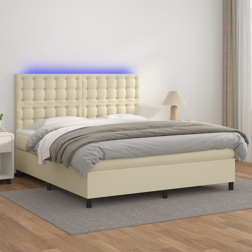 Krémszínű műbőr rugós ágy matraccal és LED-del 180x200 cm