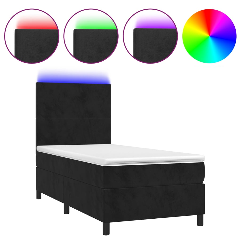 Fekete bársony rugós és LED-es ágy matraccal 90x200 cm 2