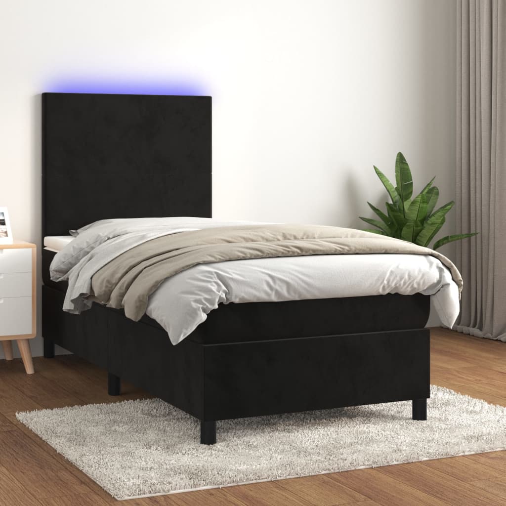 Fekete bársony rugós és LED-es ágy matraccal 90x200 cm