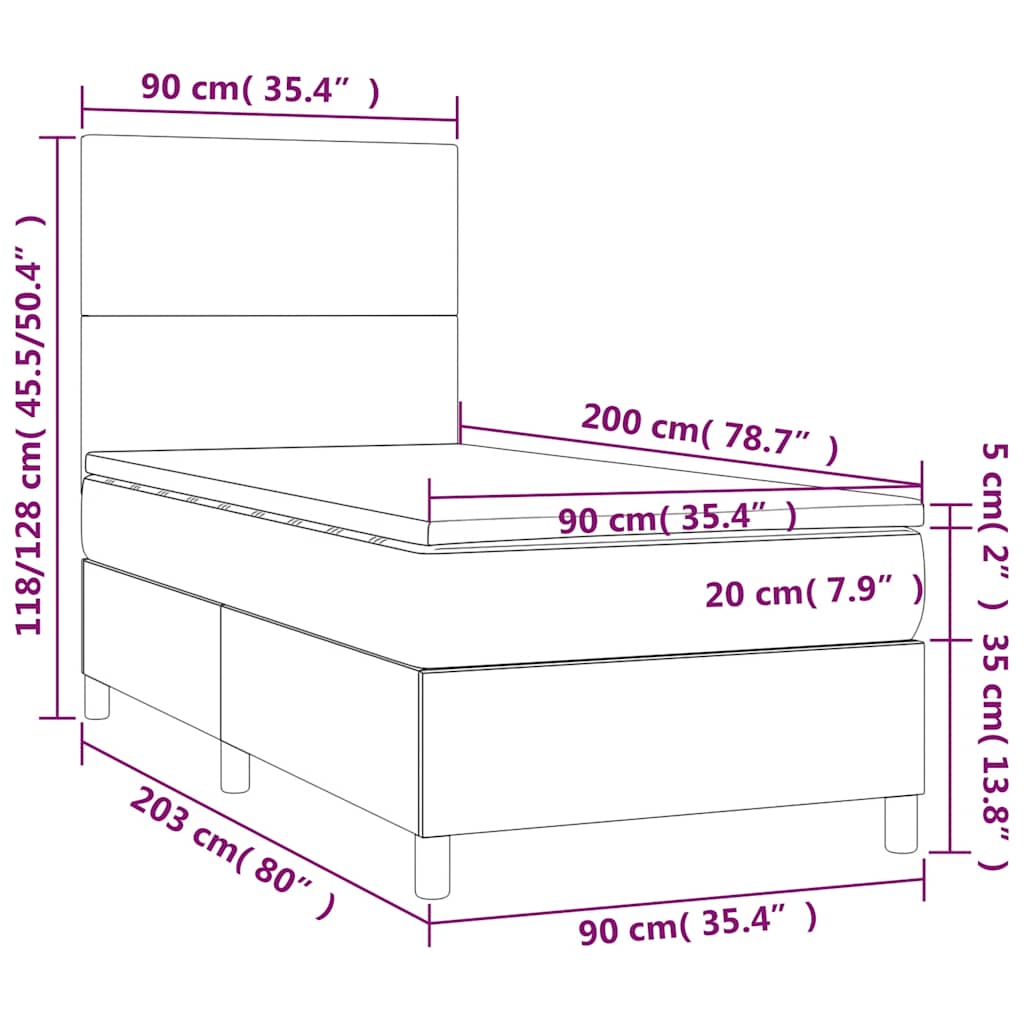 Sötétkék bársony rugós és LED-es ágy matraccal 90x200 cm 9