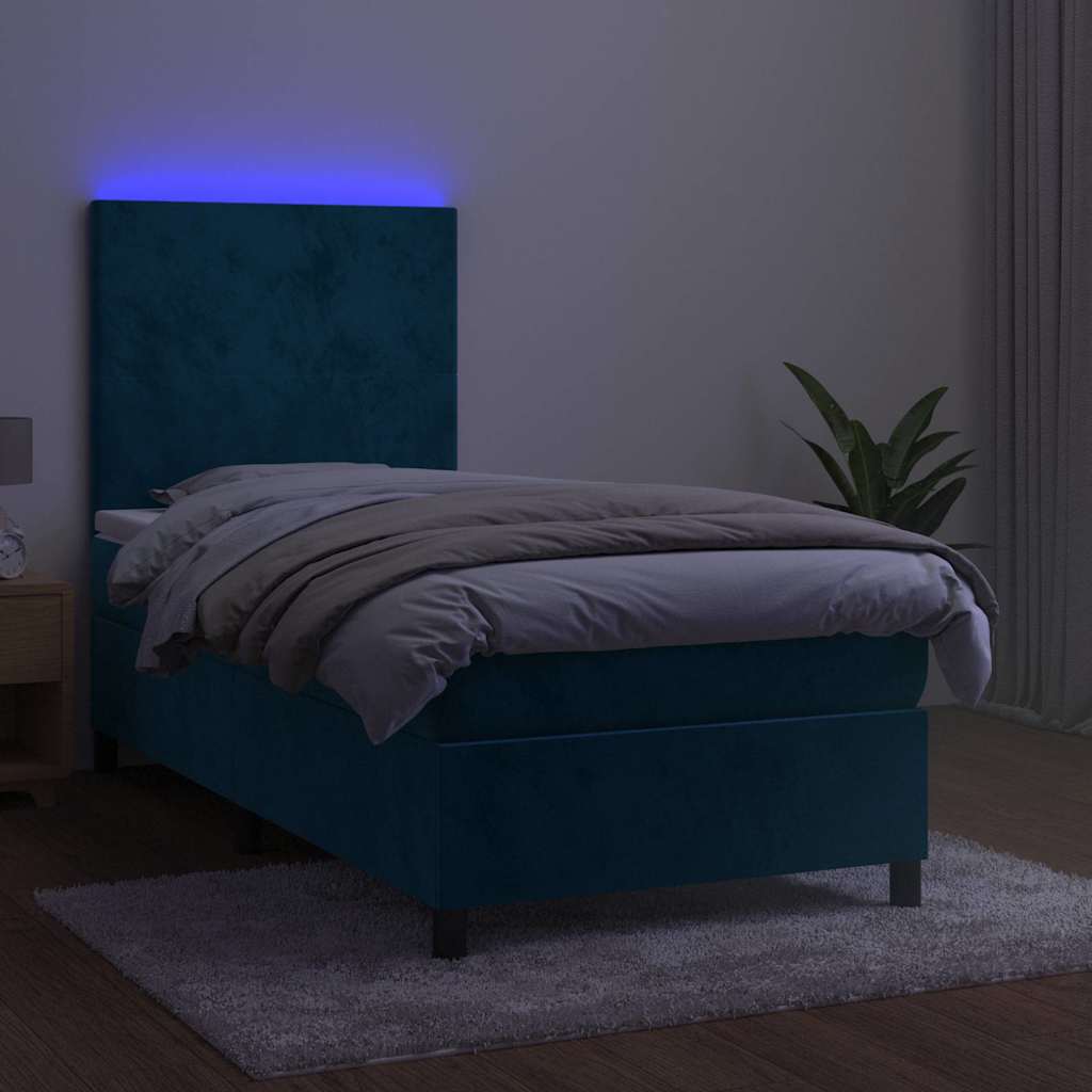 Sötétkék bársony rugós és LED-es ágy matraccal 100x200 cm 4
