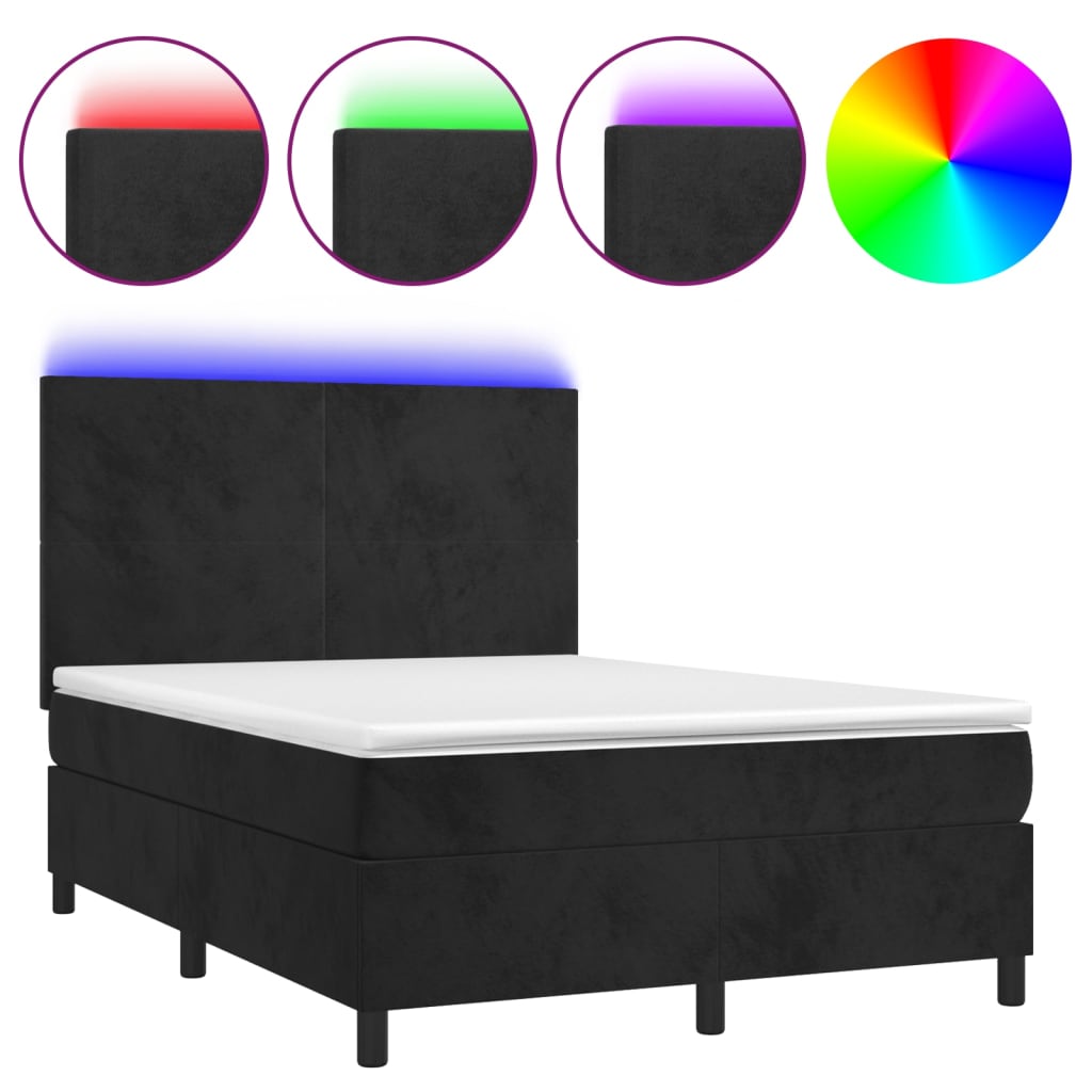 Fekete bársony rugós és LED-es ágy matraccal 140x190 cm 2