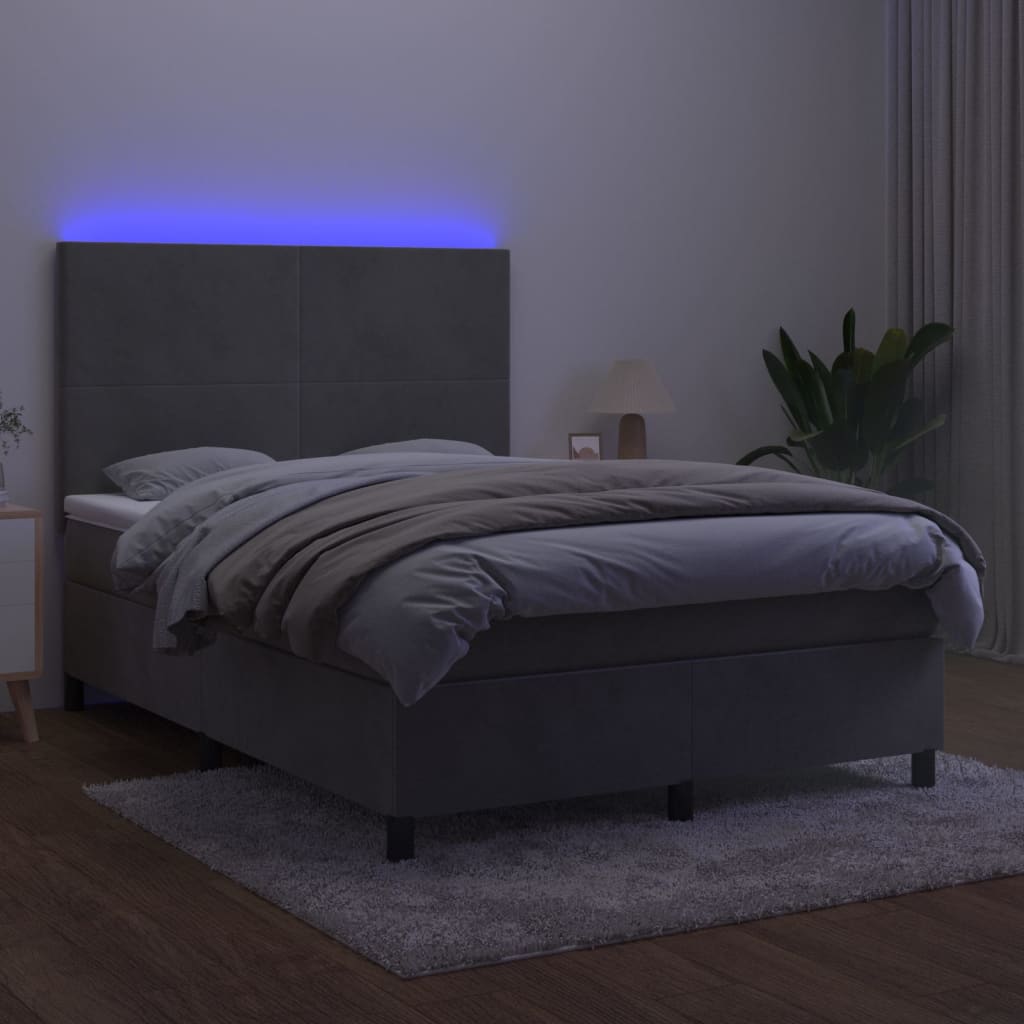 Világosszürke bársony rugós és LED-es ágy matraccal 140x200 cm 4