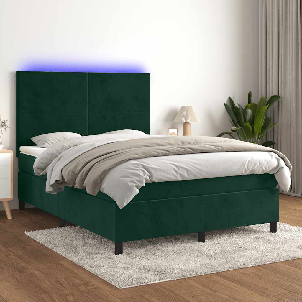 Sötétzöld bársony rugós és LED-es ágy matraccal 140x200 cm