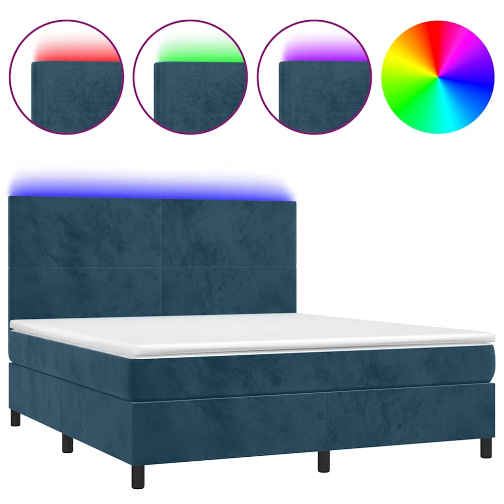 Sötétkék bársony rugós és LED-es ágy matraccal 160x200 cm 2