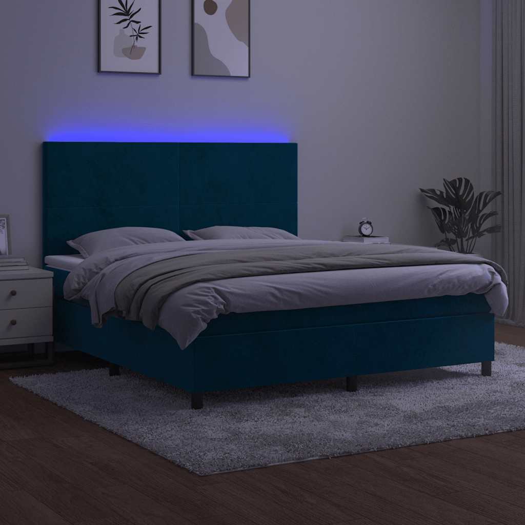 Sötétkék bársony rugós és LED-es ágy matraccal 160x200 cm 4