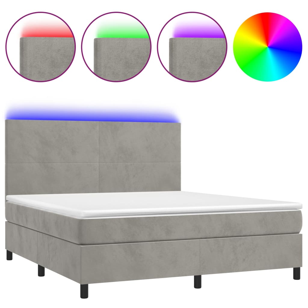 Világosszürke bársony rugós és LED-es ágy matraccal 180x200 cm 2