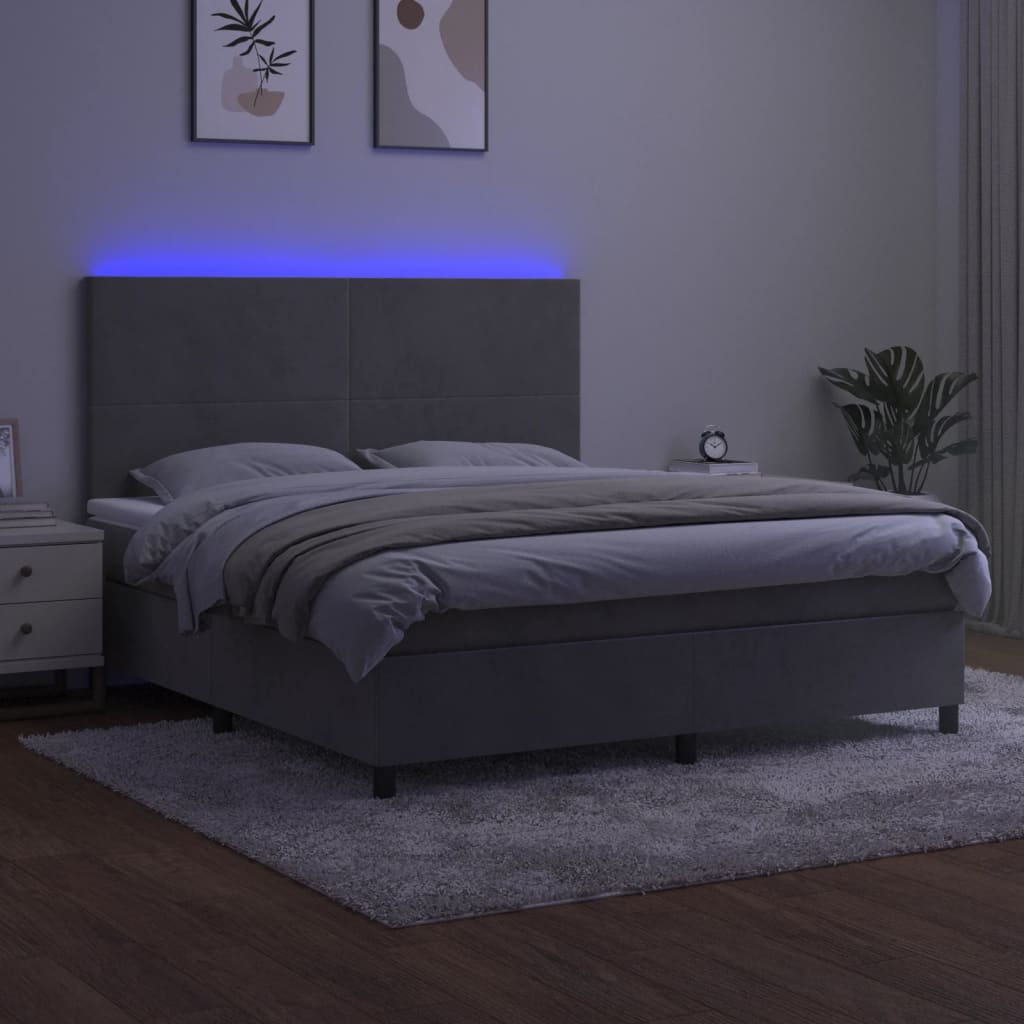 Világosszürke bársony rugós és LED-es ágy matraccal 180x200 cm 4