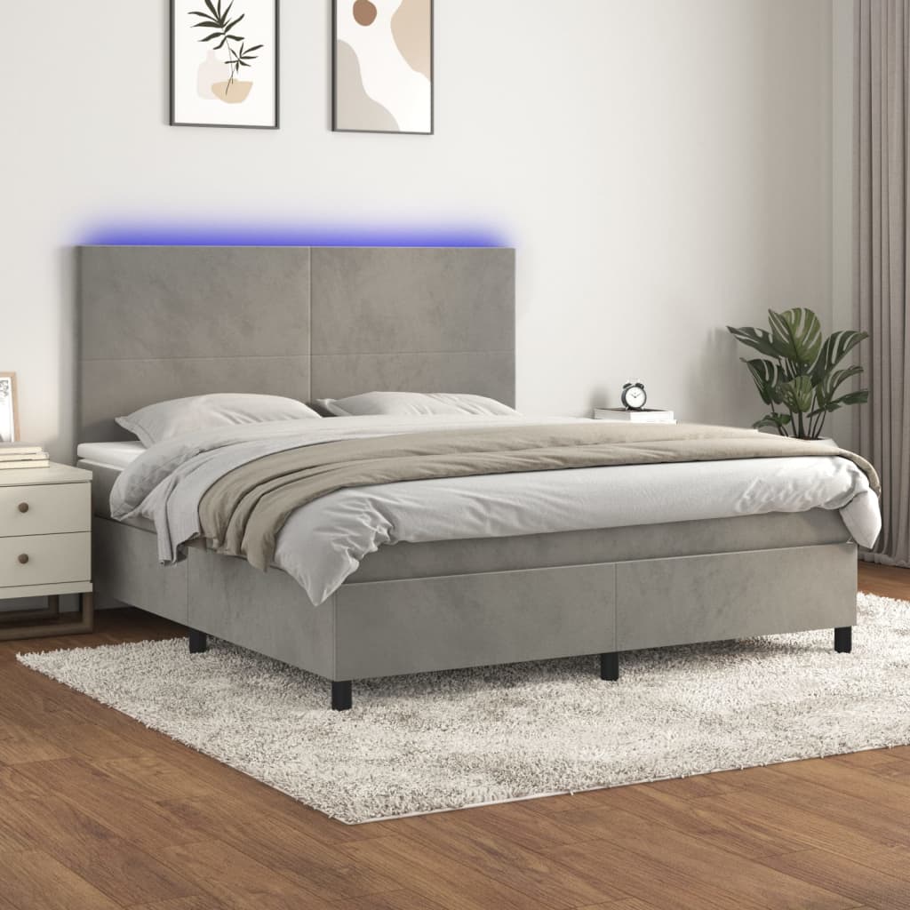 Világosszürke bársony rugós és LED-es ágy matraccal 180x200 cm