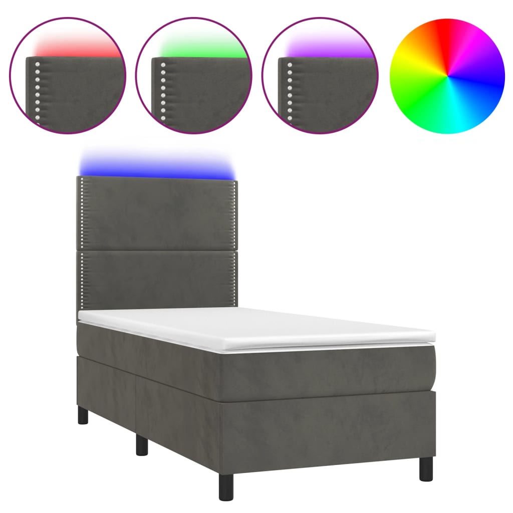 Sötétszürke bársony rugós és LED-es ágy matraccal 90x190 cm 2