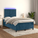 Sötétkék bársony rugós és LED-es ágy matraccal 120x200 cm