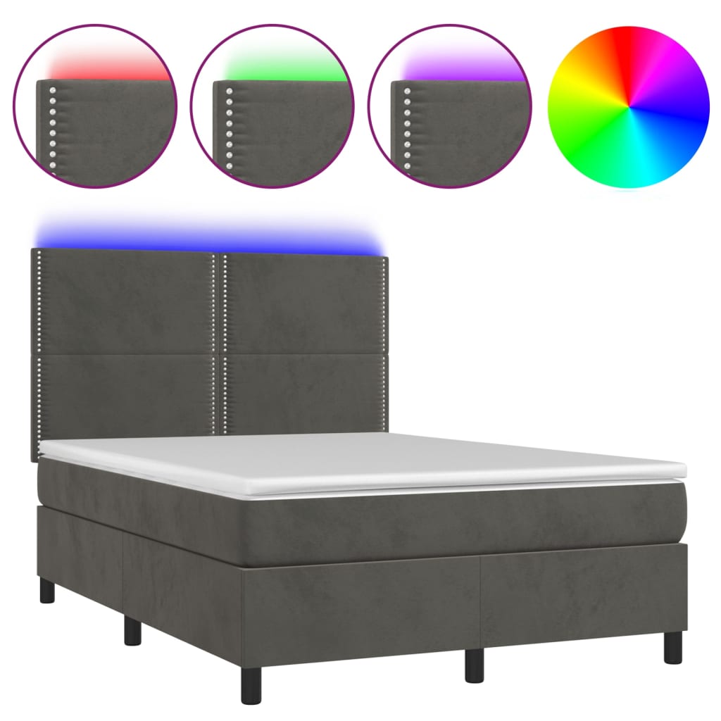 Sötétszürke bársony rugós és LED-es ágy matraccal 140x190 cm 2