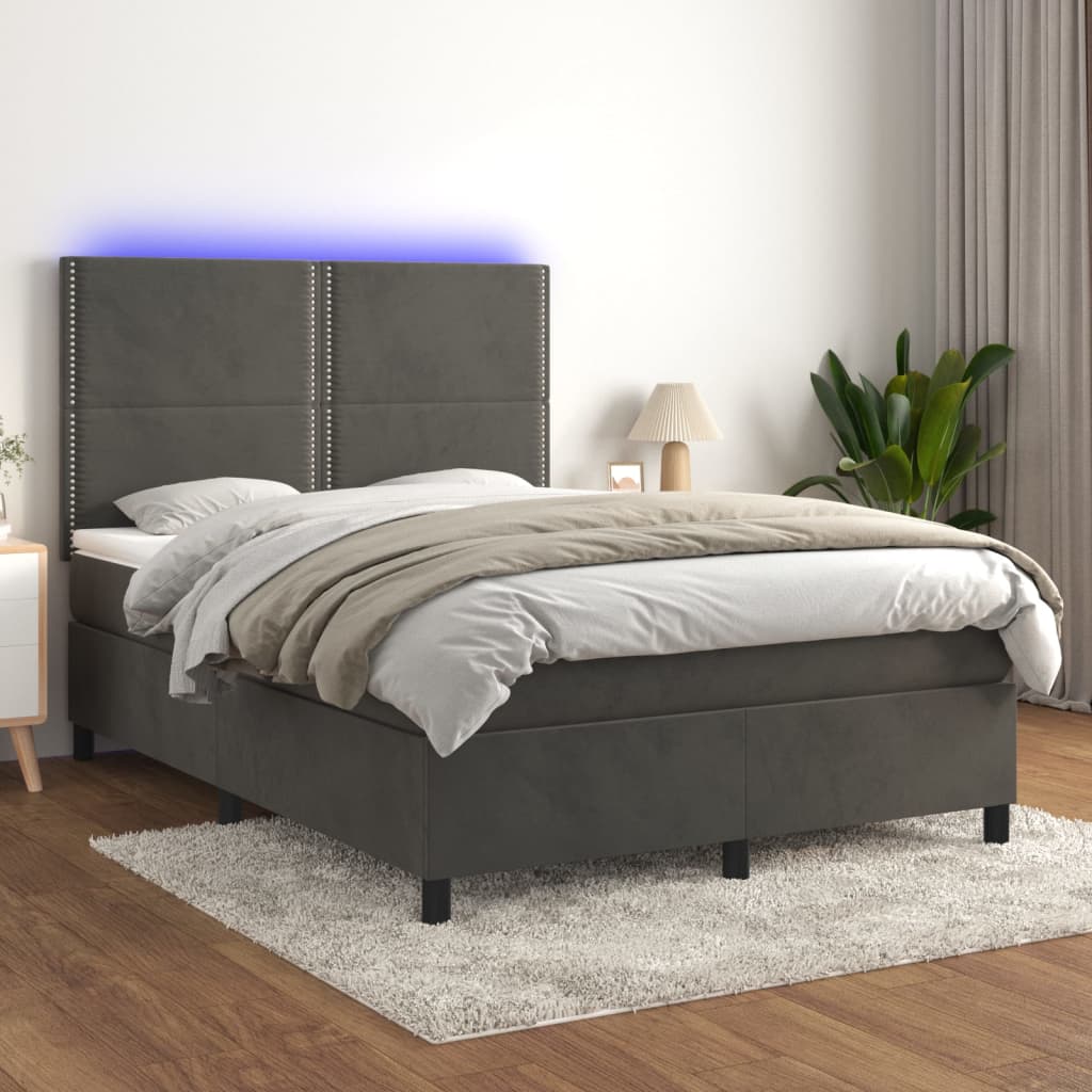 Sötétszürke bársony rugós és LED-es ágy matraccal 140x190 cm