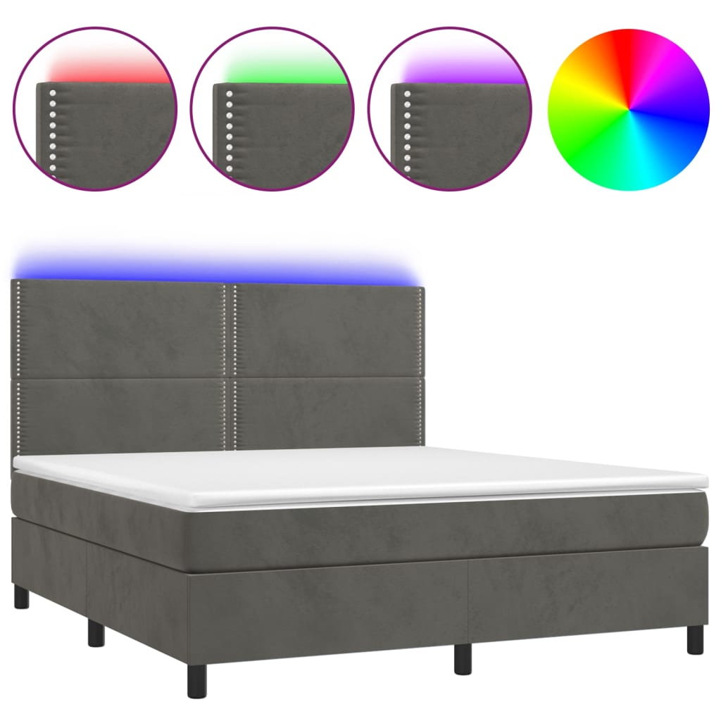 Sötétszürke bársony rugós és LED-es ágy matraccal 160x200 cm 2