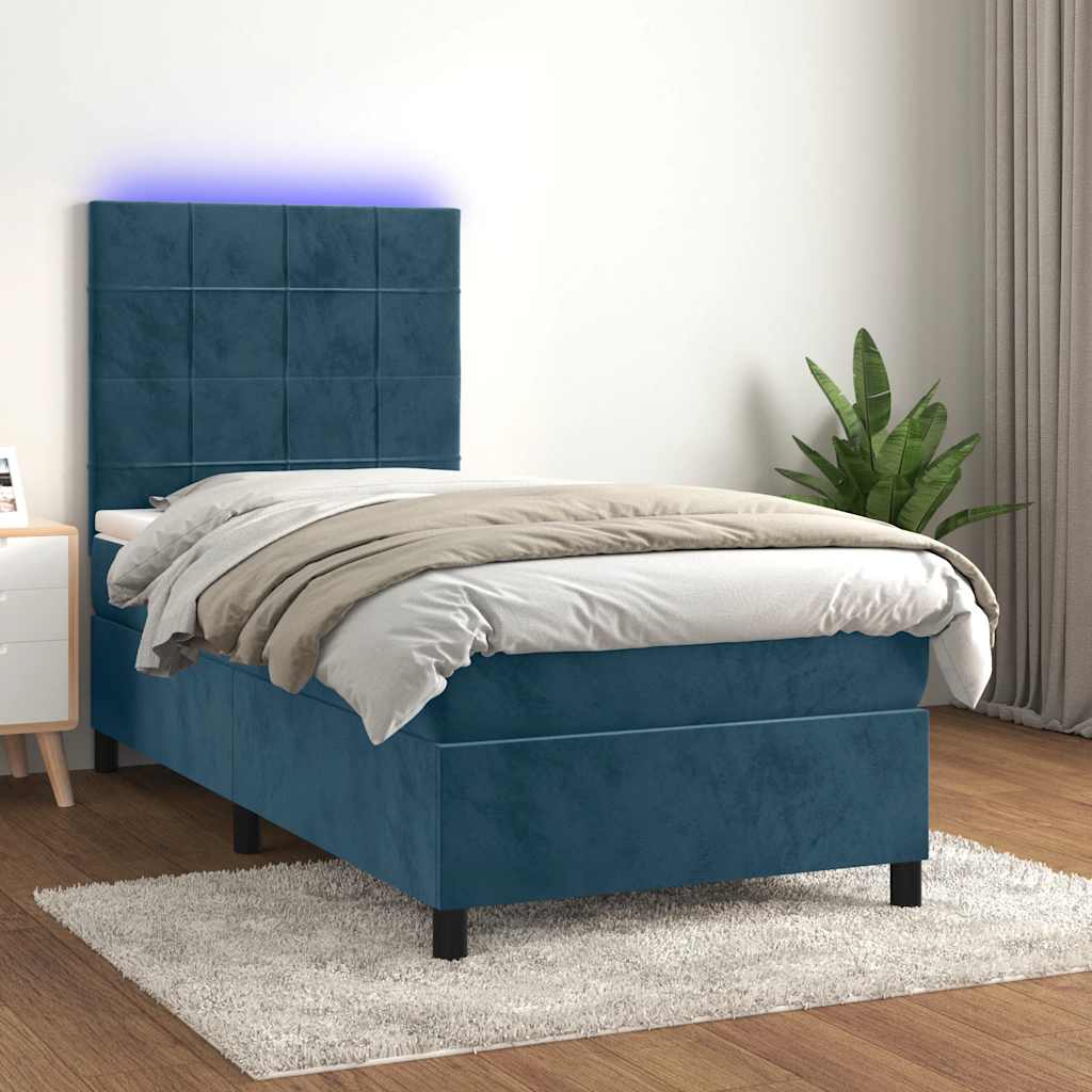 Sötétkék bársony rugós és LED-es ágy matraccal 80 x 200 cm