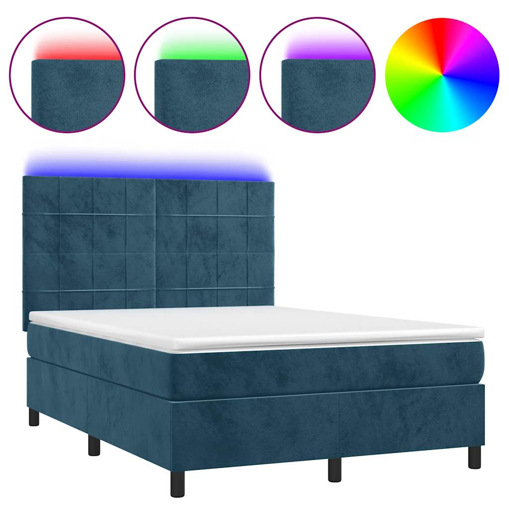 Sötétkék bársony rugós és LED-es ágy matraccal 140x190 cm 2