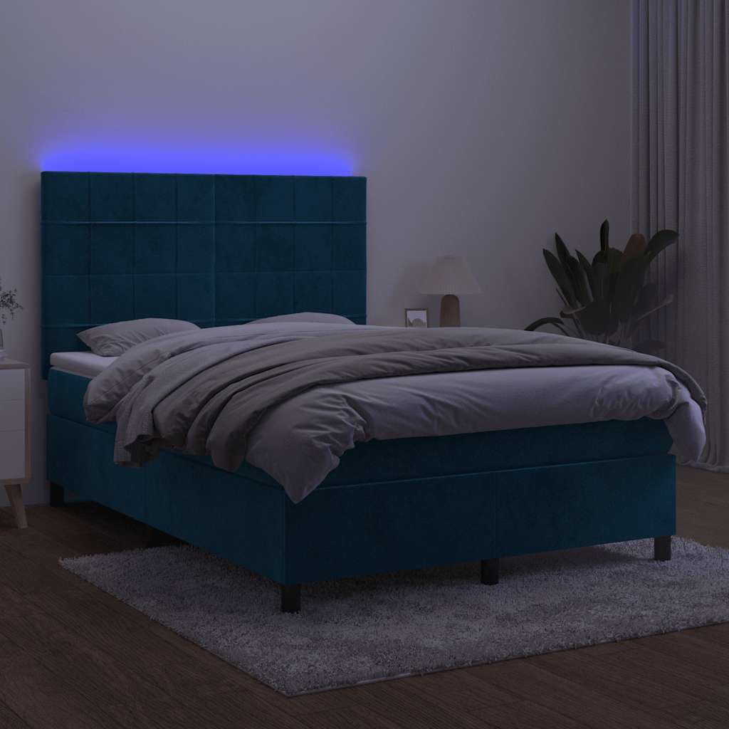 Sötétkék bársony rugós és LED-es ágy matraccal 140x190 cm 4