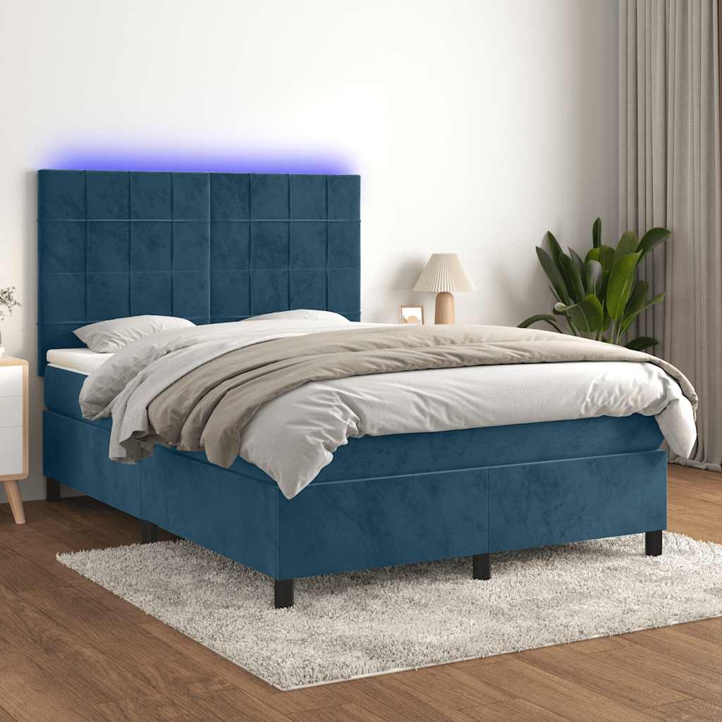 Sötétkék bársony rugós és LED-es ágy matraccal 140x190 cm
