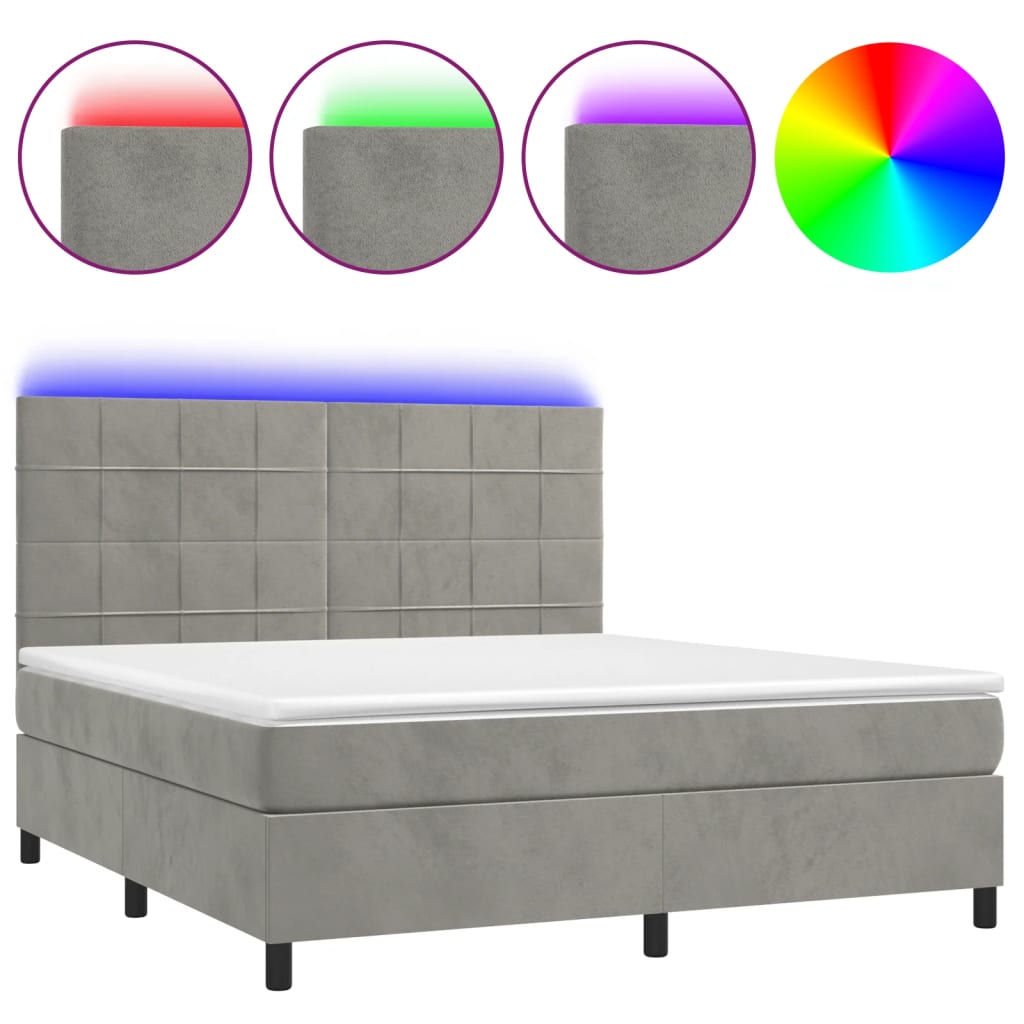 Világosszürke bársony rugós és LED-es ágy matraccal 160x200 cm 2