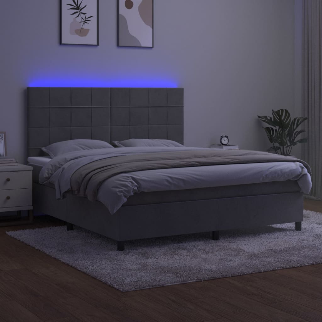 Világosszürke bársony rugós és LED-es ágy matraccal 160x200 cm 4