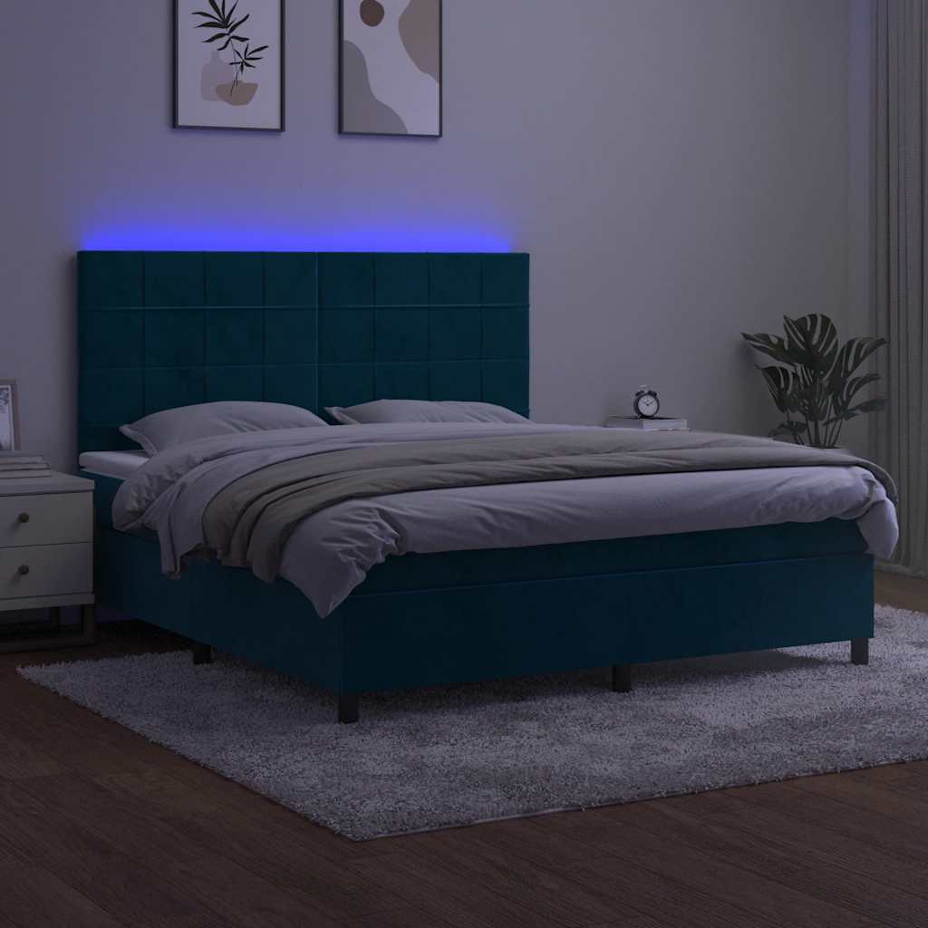 Sötétkék bársony rugós és LED-es ágy matraccal 160x200 cm 4