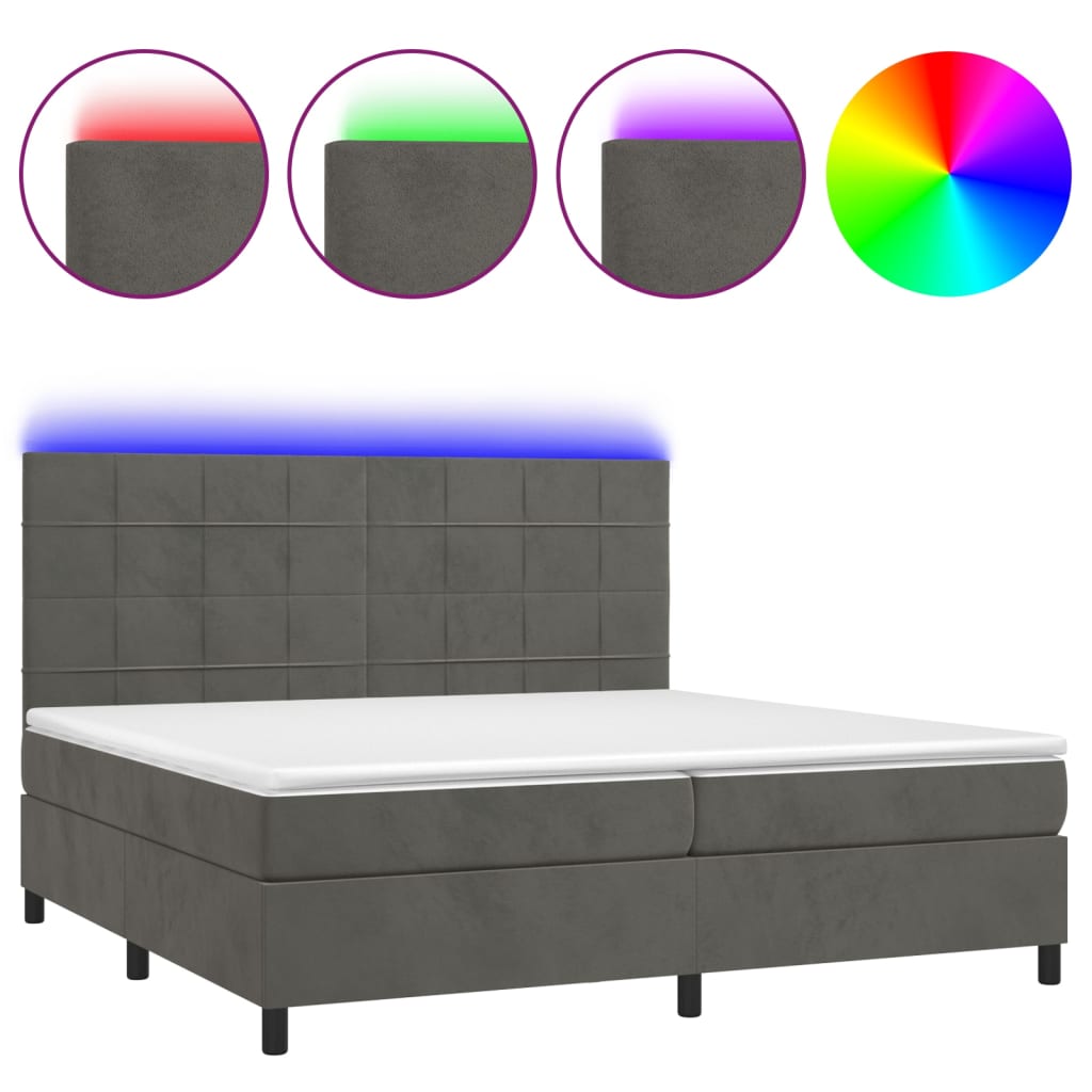 Sötétszürke bársony rugós és LED-es ágy matraccal 200x200 cm 2