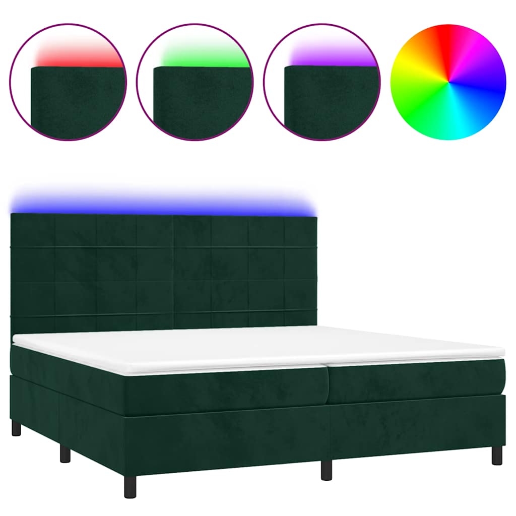 Sötétzöld bársony rugós és LED-es ágy matraccal 200x200 cm 2